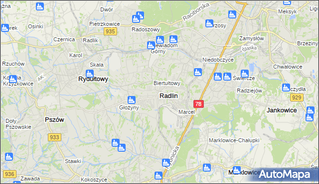mapa Radlin powiat wodzisławski, Radlin powiat wodzisławski na mapie Targeo
