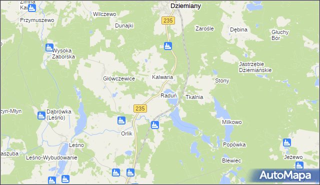 mapa Raduń gmina Dziemiany, Raduń gmina Dziemiany na mapie Targeo