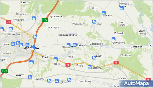 mapa Raków gmina Jędrzejów, Raków gmina Jędrzejów na mapie Targeo