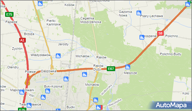 mapa Raków gmina Moszczenica, Raków gmina Moszczenica na mapie Targeo