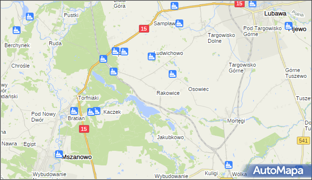 mapa Rakowice gmina Lubawa, Rakowice gmina Lubawa na mapie Targeo