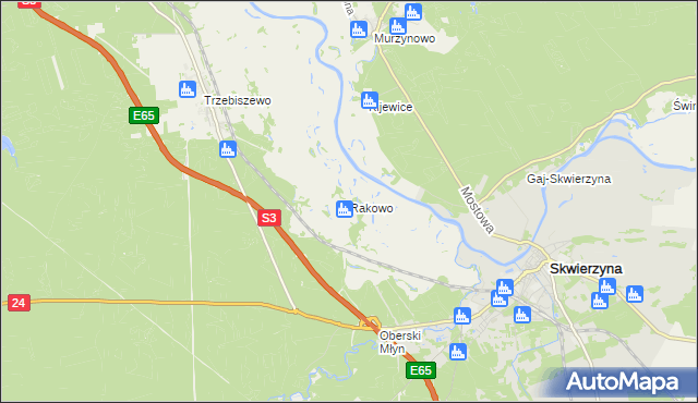 mapa Rakowo gmina Skwierzyna, Rakowo gmina Skwierzyna na mapie Targeo