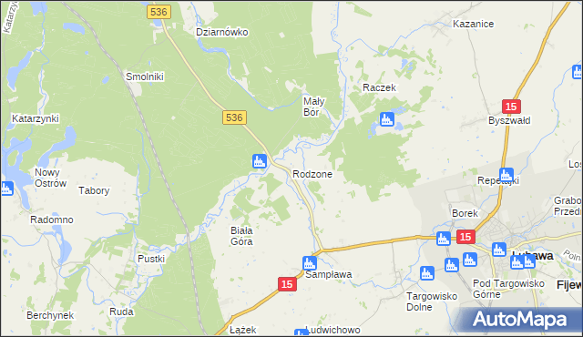 mapa Rodzone gmina Lubawa, Rodzone gmina Lubawa na mapie Targeo