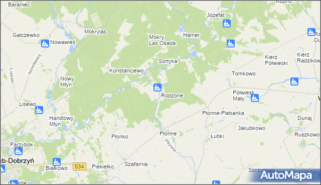 mapa Rodzone gmina Radomin, Rodzone gmina Radomin na mapie Targeo