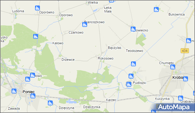 mapa Rokosowo gmina Poniec, Rokosowo gmina Poniec na mapie Targeo