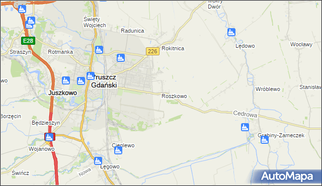 mapa Roszkowo gmina Pruszcz Gdański, Roszkowo gmina Pruszcz Gdański na mapie Targeo