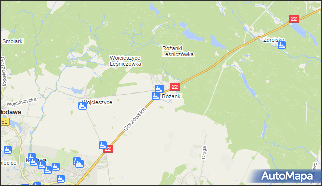 mapa Różanki gmina Kłodawa, Różanki gmina Kłodawa na mapie Targeo