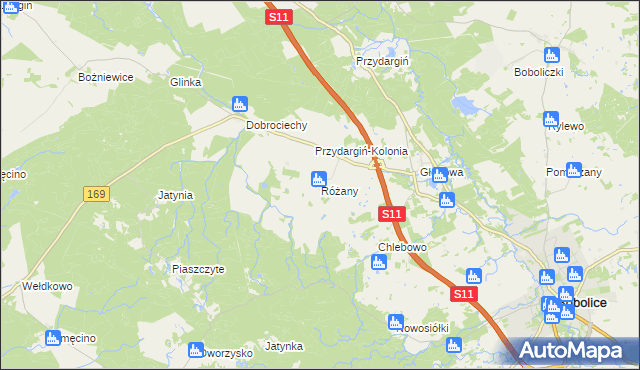 mapa Różany gmina Bobolice, Różany gmina Bobolice na mapie Targeo