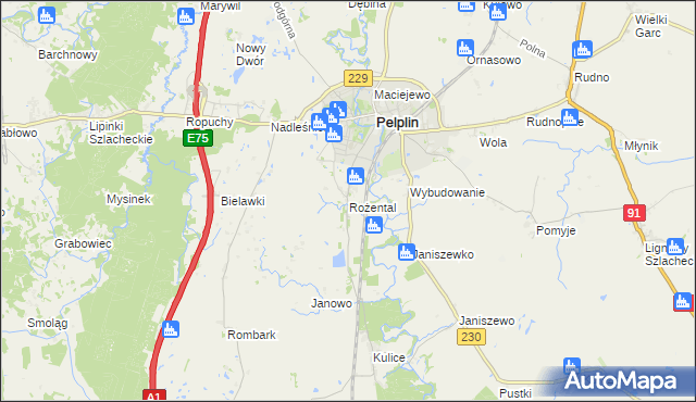 mapa Rożental gmina Pelplin, Rożental gmina Pelplin na mapie Targeo