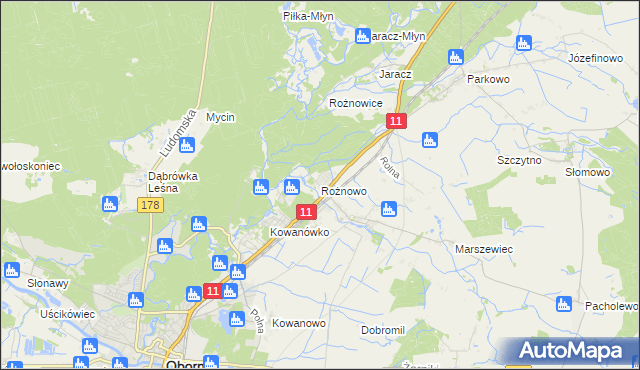 mapa Rożnowo gmina Oborniki, Rożnowo gmina Oborniki na mapie Targeo