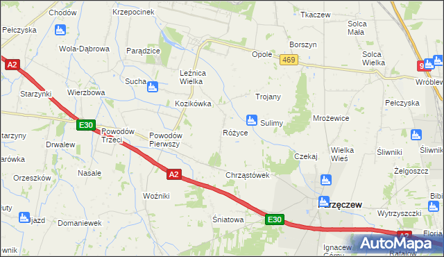 mapa Różyce gmina Parzęczew, Różyce gmina Parzęczew na mapie Targeo