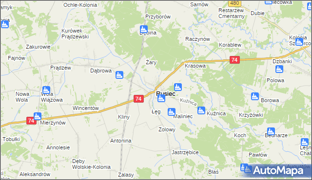 mapa Rusiec powiat bełchatowski, Rusiec powiat bełchatowski na mapie Targeo