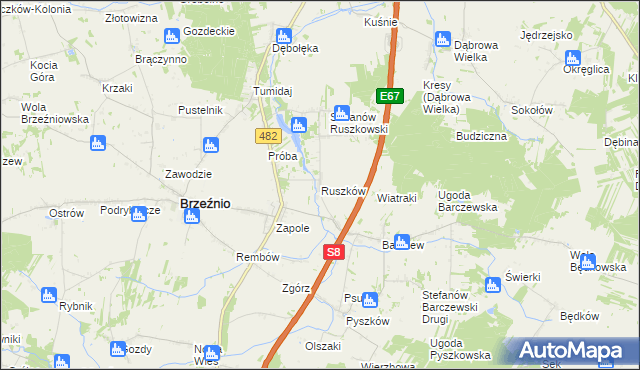 mapa Ruszków gmina Brzeźnio, Ruszków gmina Brzeźnio na mapie Targeo