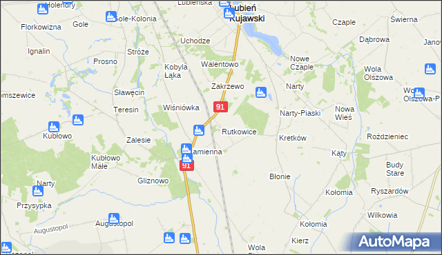 mapa Rutkowice gmina Lubień Kujawski, Rutkowice gmina Lubień Kujawski na mapie Targeo