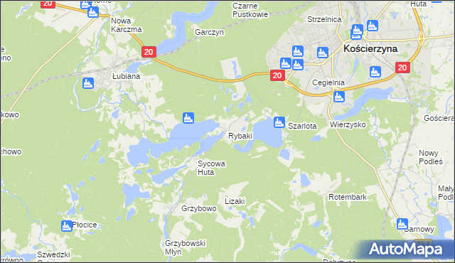 mapa Rybaki gmina Kościerzyna, Rybaki gmina Kościerzyna na mapie Targeo
