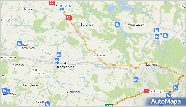 mapa Rybnica gmina Stara Kamienica, Rybnica gmina Stara Kamienica na mapie Targeo