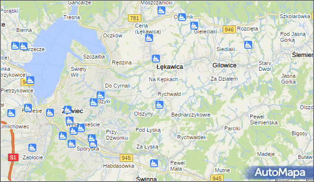 mapa Rychwałd gmina Gilowice, Rychwałd gmina Gilowice na mapie Targeo