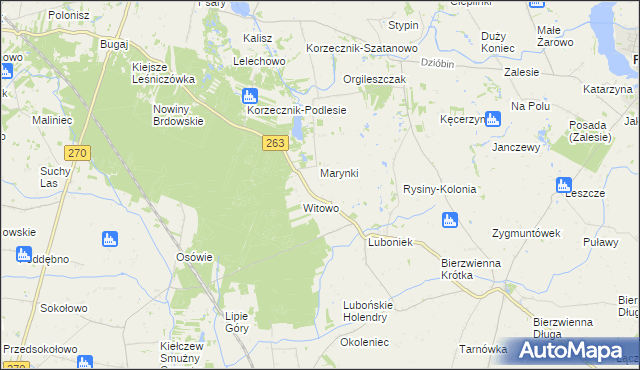 mapa Rysiny gmina Kłodawa, Rysiny gmina Kłodawa na mapie Targeo