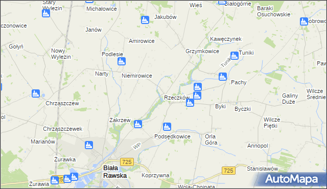 mapa Rzeczków gmina Biała Rawska, Rzeczków gmina Biała Rawska na mapie Targeo