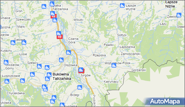 mapa Rzepiska gmina Bukowina Tatrzańska, Rzepiska gmina Bukowina Tatrzańska na mapie Targeo