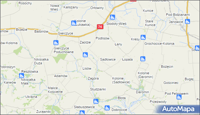 mapa Sadłowice gmina Wojciechowice, Sadłowice gmina Wojciechowice na mapie Targeo