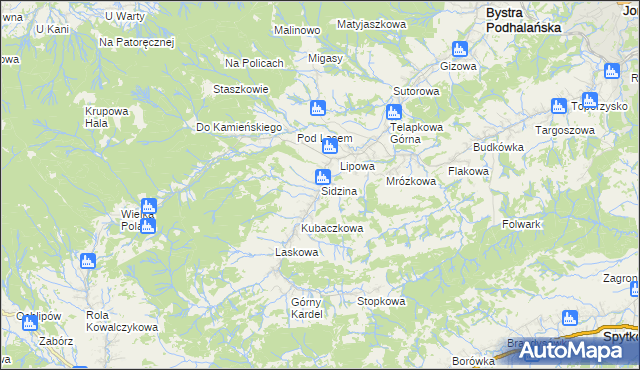 mapa Sidzina gmina Bystra-Sidzina, Sidzina gmina Bystra-Sidzina na mapie Targeo