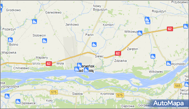 mapa Sielec gmina Czerwińsk nad Wisłą, Sielec gmina Czerwińsk nad Wisłą na mapie Targeo