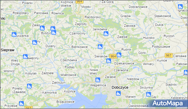 mapa Sieraków gmina Dobczyce, Sieraków gmina Dobczyce na mapie Targeo