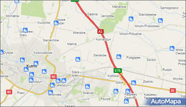 mapa Sieraków gmina Kutno, Sieraków gmina Kutno na mapie Targeo