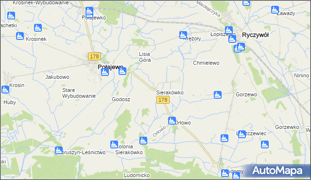 mapa Sierakówko gmina Połajewo, Sierakówko gmina Połajewo na mapie Targeo