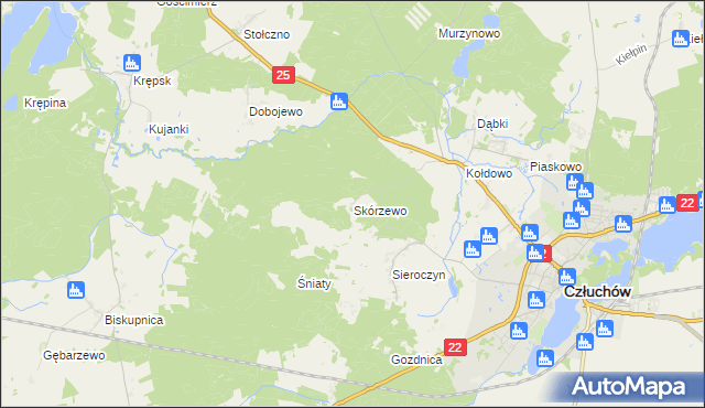 mapa Skórzewo gmina Człuchów, Skórzewo gmina Człuchów na mapie Targeo