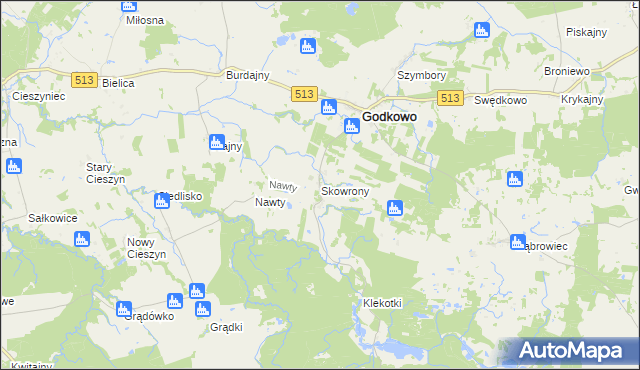 mapa Skowrony gmina Godkowo, Skowrony gmina Godkowo na mapie Targeo