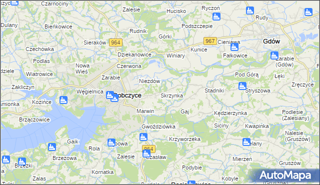 mapa Skrzynka gmina Dobczyce, Skrzynka gmina Dobczyce na mapie Targeo
