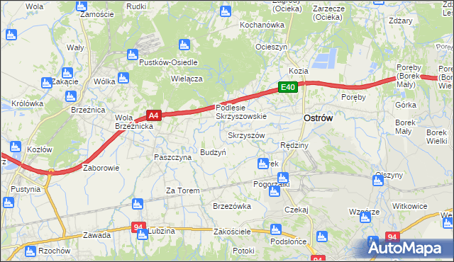 mapa Skrzyszów gmina Ostrów, Skrzyszów gmina Ostrów na mapie Targeo