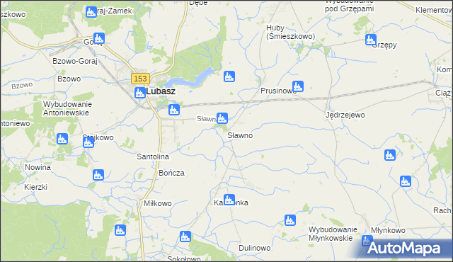 mapa Sławno gmina Lubasz, Sławno gmina Lubasz na mapie Targeo