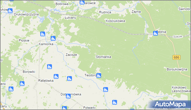 mapa Słomianka gmina Zabłudów, Słomianka gmina Zabłudów na mapie Targeo