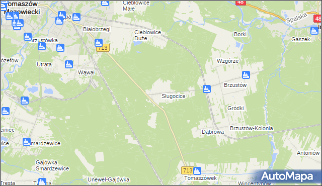 mapa Sługocice gmina Tomaszów Mazowiecki, Sługocice gmina Tomaszów Mazowiecki na mapie Targeo