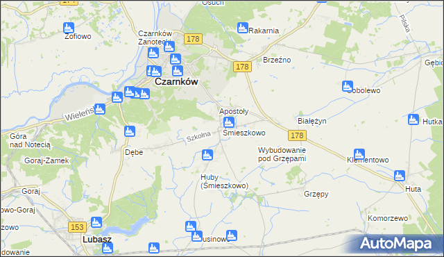 mapa Śmieszkowo gmina Czarnków, Śmieszkowo gmina Czarnków na mapie Targeo