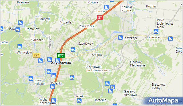 mapa Śmiłów gmina Jastrząb, Śmiłów gmina Jastrząb na mapie Targeo