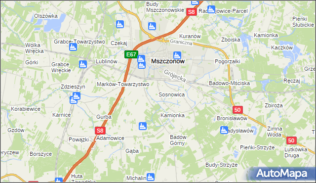 mapa Sosnowica gmina Mszczonów, Sosnowica gmina Mszczonów na mapie Targeo