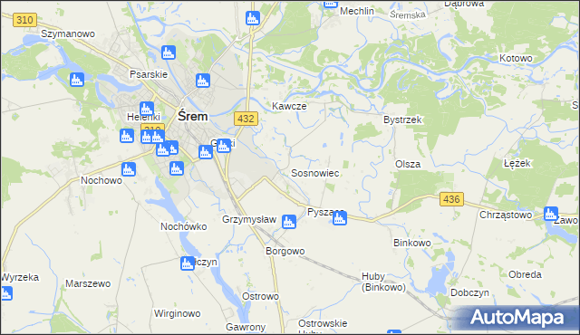 mapa Sosnowiec gmina Śrem, Sosnowiec gmina Śrem na mapie Targeo