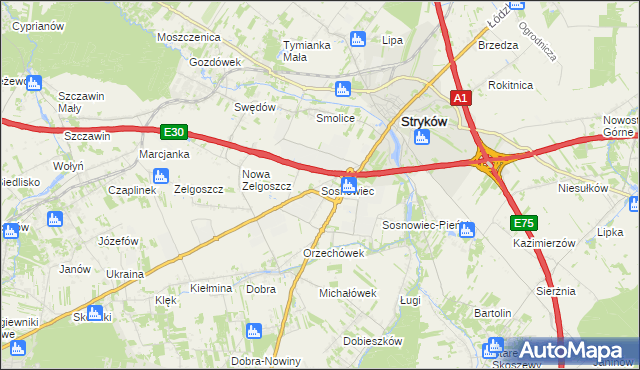 mapa Sosnowiec gmina Stryków, Sosnowiec gmina Stryków na mapie Targeo