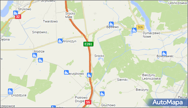 mapa Srocko gmina Stęszew, Srocko gmina Stęszew na mapie Targeo