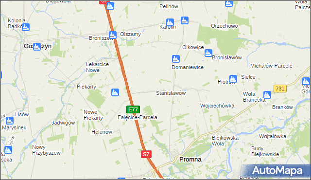 mapa Stanisławów gmina Promna, Stanisławów gmina Promna na mapie Targeo