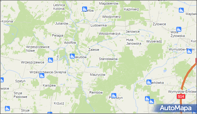 mapa Stanisławów gmina Wodzierady, Stanisławów gmina Wodzierady na mapie Targeo