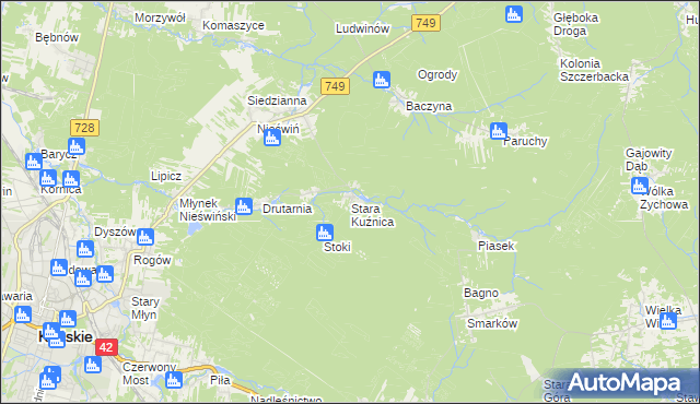 mapa Stara Kuźnica gmina Końskie, Stara Kuźnica gmina Końskie na mapie Targeo