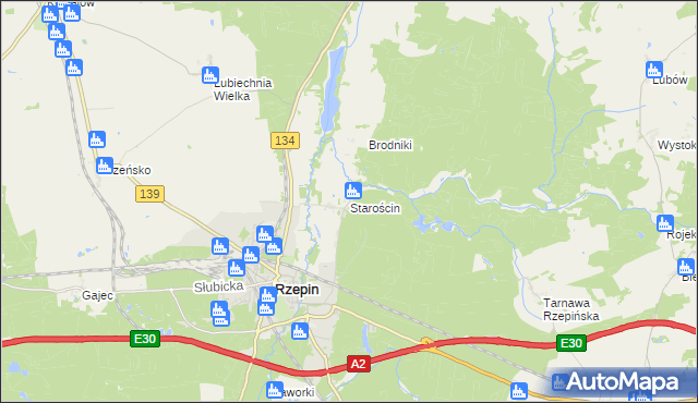 mapa Starościn gmina Rzepin, Starościn gmina Rzepin na mapie Targeo