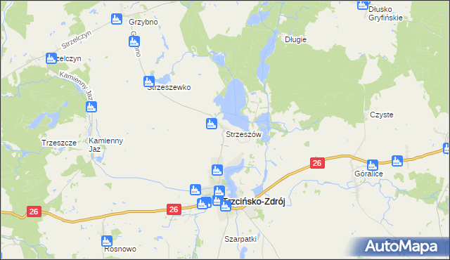 mapa Strzeszów gmina Trzcińsko-Zdrój, Strzeszów gmina Trzcińsko-Zdrój na mapie Targeo