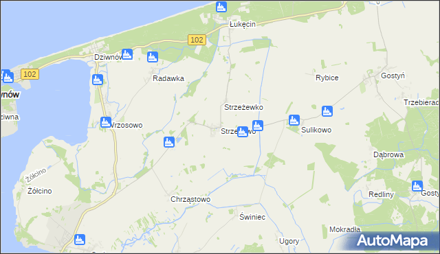 mapa Strzeżewo gmina Kamień Pomorski, Strzeżewo gmina Kamień Pomorski na mapie Targeo