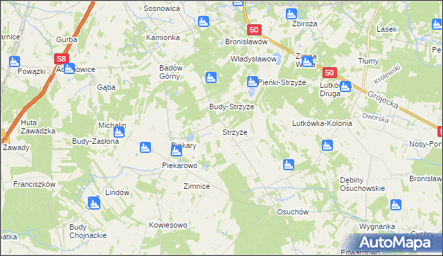 mapa Strzyże gmina Mszczonów, Strzyże gmina Mszczonów na mapie Targeo